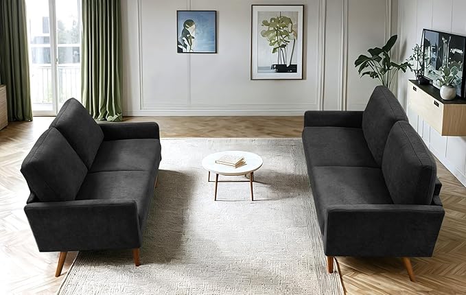 Kent 2 Piece Velvet Sofa and Loveseat Set, European Style with Modern & Vintage Flair, Upholstered 5 Seater Couch, Chic Living Room Furniture Seating for Home, Apartment or Office, Black