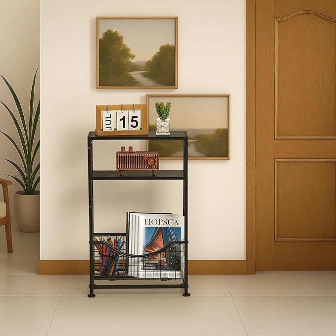 Narrow Side Table, Skinny Small End Tables with Magazine Holder, 3 Tier Small Sofa Side Table for Smalls Spaces, Sofa Couch Tables Bedside Table for Living Room Bedroom Office