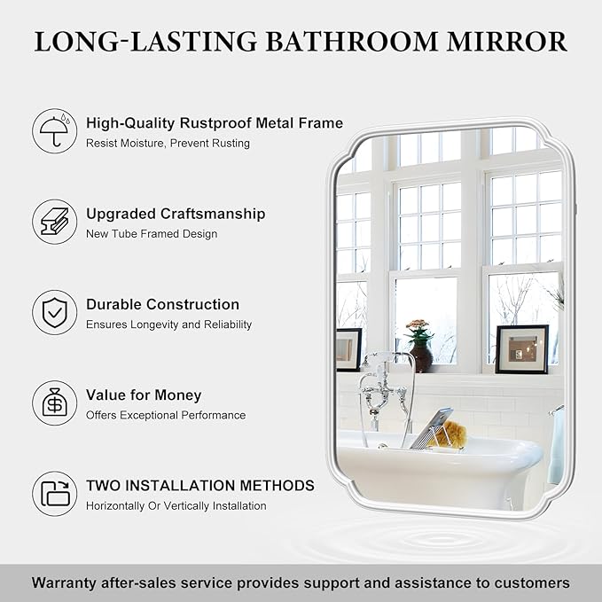 White Bathroom Mirror for Wall 20×30 Inch - Multi-Size Durable Iron Frame, Shatterproof Glass, Versatile for Bathroom/Bedroom/Living Room Decor (Horizontal or Vertical Mount)