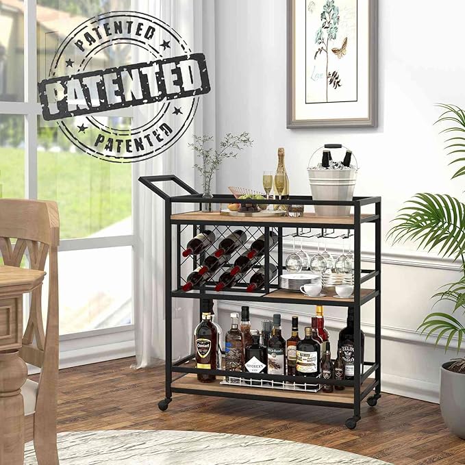 FATORRI Bar Cart for The Home, Rolling Wine Carts on Wheels with 3 Tier Wood Shelves, Liquor Beverage Cart with Wine Rack and Glass Holder (Rustic Oak)