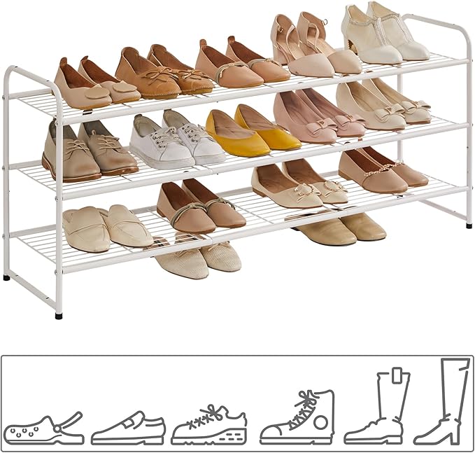 YMYNY Freestanding Shoe Racks, 3 Tiers Stackable & Adjustable Shoe Storage Shelf, Extra Large Capacity Shoe Organizer Stand for 20-24 Pairs, for Entryway, Closet, Bedroom, White, 42.9" L, UHXJ302W