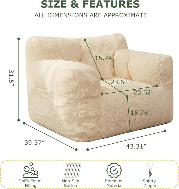 HIGOGOGO Giant Bean Bag Chairs for Adults,Big Comfy Chair Sofa for Bedroom Living Room, Large Lazy Bean Bag Chair with Pocket Armrests for Gaming, Reading