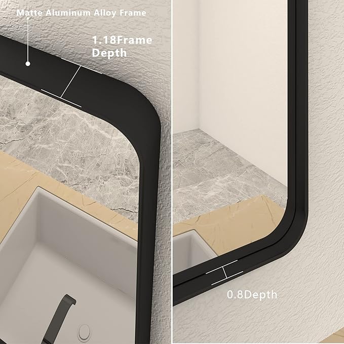 55x40 Inch Black Metal Framed Bathrrom Mirror for Wall, Black Matte Rounded Rectangle Bathroom Vanity Mirror, Anti-Rust, Tempered Glass, Hangs Horizontally or Vertically