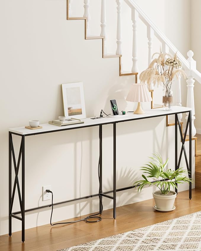 Masupu 70.9" Console Table with Power Outlet, Modern Narrow Long Sofa Table Behind Couch, Skinny Entry Table, Industrial Sofa Table with Metal Frame for Hallway, Living Room, White and Black