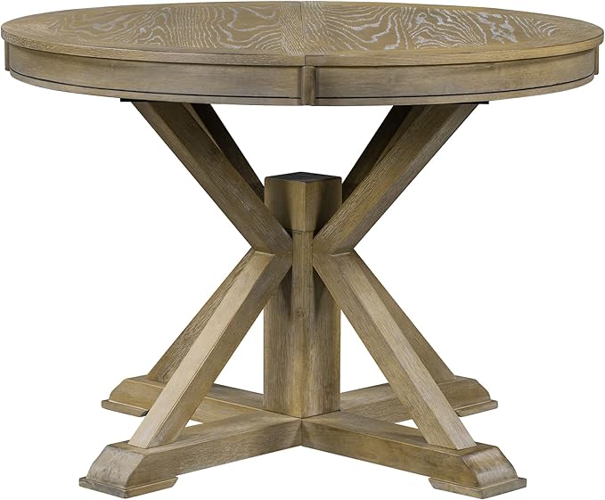 Retro Style Round Dining Table with 12" Removable Leaf for Kitchen/Living Room, Space-saving Solid Wood Tabletop Extendable Circular to Oval (42" to 54") with X-shaped Base Legs for Apartment Bistro