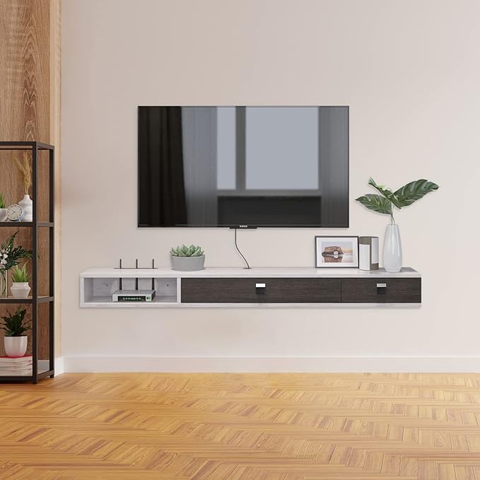 Pmnianhua Floating TV Shelf,70'' Wall Mounted Floating TV Stand Unit Media Console Wall TV Console Cabinet Media Entertainment Shelf with 2 Doors for TVs up to 75 inch (Greyish-White)