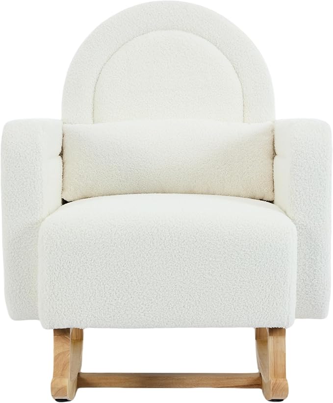 Christopher Knight Home Kiin Wooden Rocking Chair Indoor with Curved Back, Teddy Upholstered Rockers with Pillow, Comfy Accent Chair with Armrest for Bedroom, Living Room, Offices, Cream White