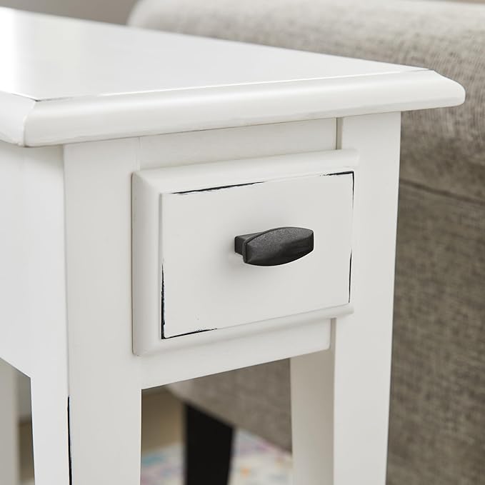 Haven Ridge Narrow End Table, Solid Wood Side Table with Drawer and Shelf, Farmhouse White, Perfect for Living Rooms, Bedrooms, and Small Spaces – Leick Home, 214361