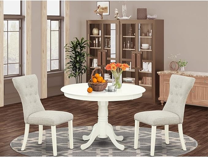 East West Furniture HLGA3-LWH-35 3 Piece Dining Room Table Set Contains a Round Kitchen Table with Pedestal and 2 Doeskin Linen Fabric Parsons Dining Chairs, 42x42 Inch, Linen White