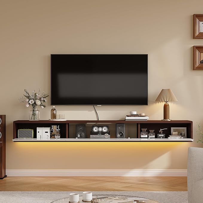 Floating TV Stand High Gloss,55'' Wall-Mounted TV Cabinet,Floating TV Console,Under TV Shelf with 3 Doors for Living Room Bedroom(Walnut+White)