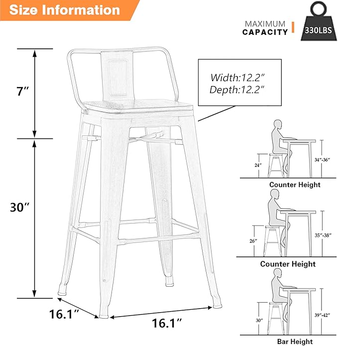 Yongchuang 30 inch Bar Stools Set of 4 Bar Height Metal Barstools with Wood Seat Low Back Kitchen Bar Chairs Cream White