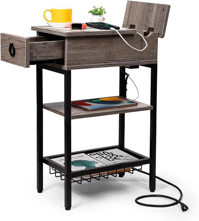 Small Gray Side Table Charging Station for Bedroom, Narrow Grey Living Room End Tables with Storage, Skinny USB Nightstand with Outlet, Gaming Coffee Table for Couch with USB Ports