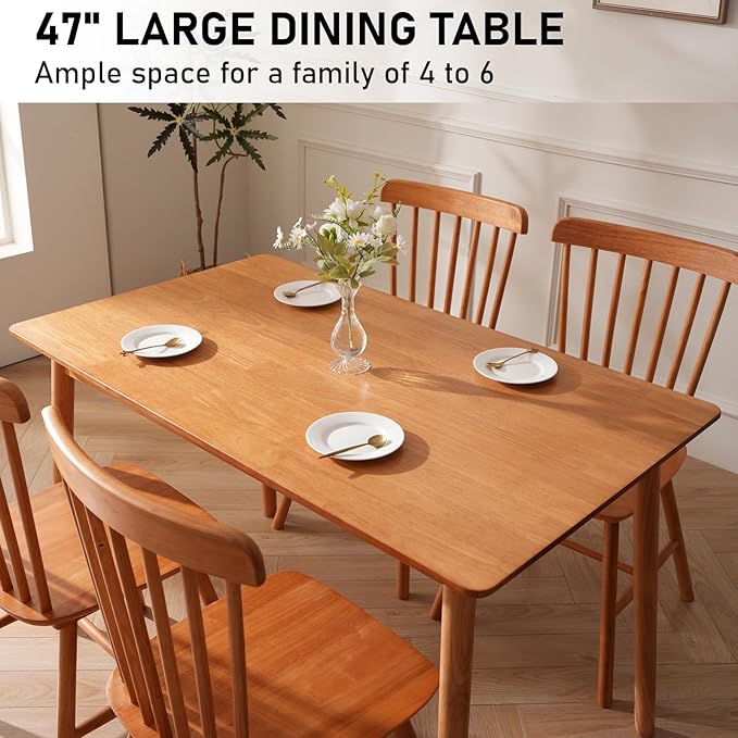 BAKEVE Dining Table for 4-6 Person- 47.2'' Solid Wood Kitchen Table, Mid Century Modern Desk, Farmhouse Rectangular Dining Room Table for Living Room, Office, Kitchen and Study (Cherry)
