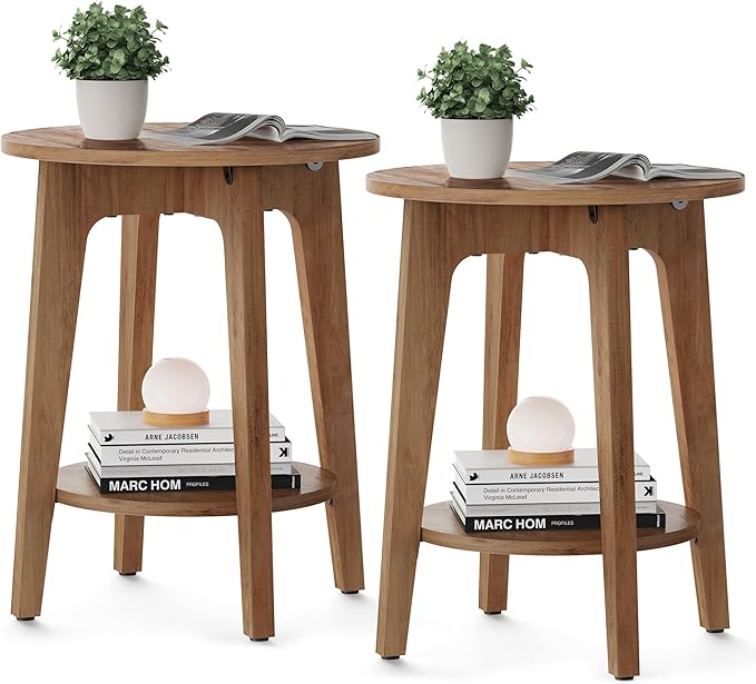 VASAGLE Side Tables, Set of 2, Small Round End Table with Lower Shelf, Nightstand for Small Spaces, Living Room, Bedroom, Rustic Walnut ULET289K01