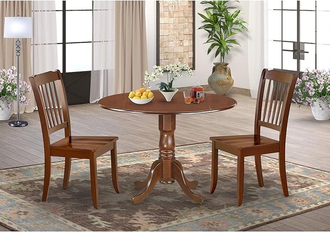 East West Furniture DLDA3-MAH-W 3 Piece Kitchen Table Set for Small Spaces Contains a Round Dining Table with Dropleaf and 2 Dining Room Chairs, 42x42 Inch, Mahogany