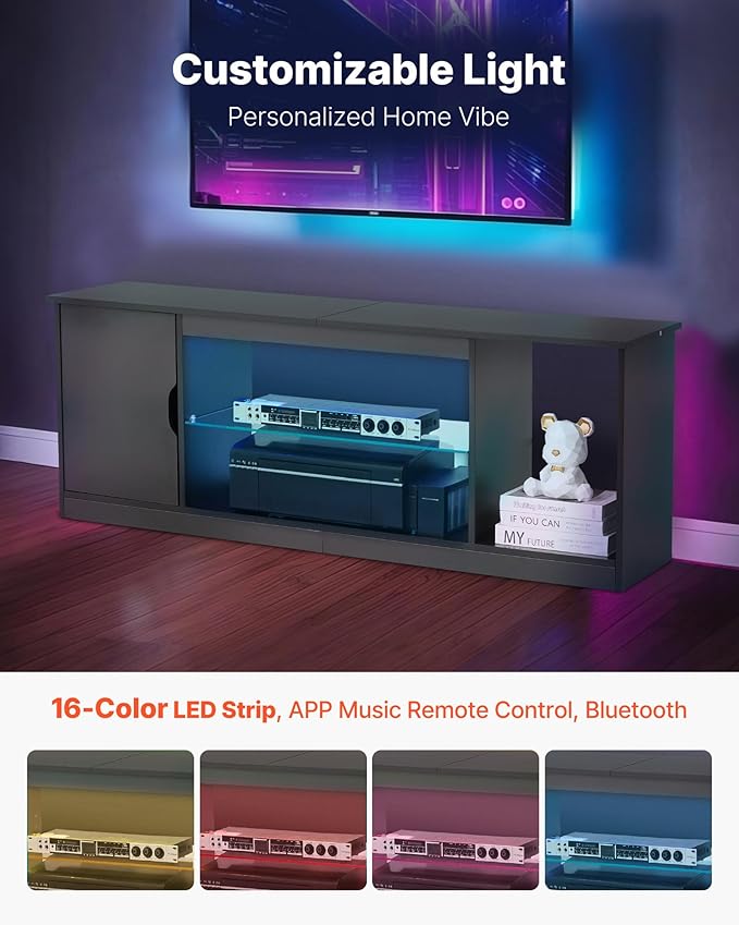 VEVOR TV Stand for TVs up to 65 inch, Modern Entertainment Center with Light Strip, Wooden TV Cabinet Storage with Glass Shelf and Adjustable Shelves, Console Table for Living Room and Bedroom, Black