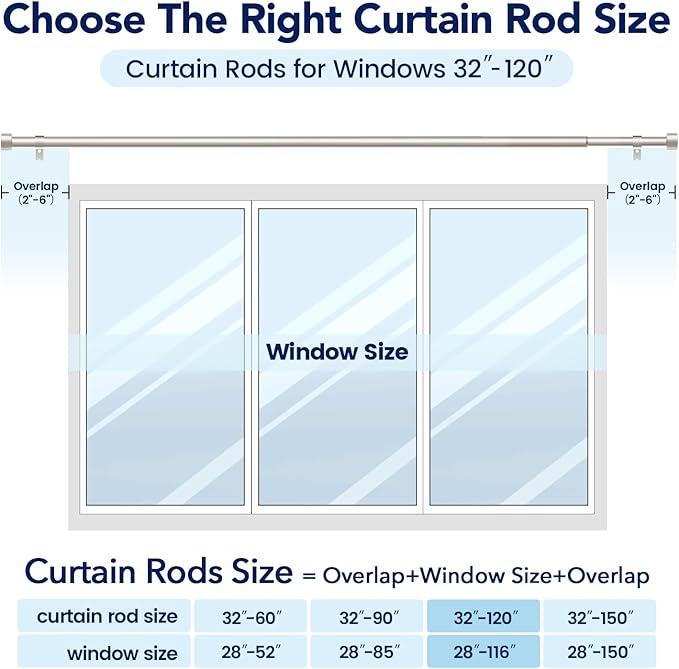 2 Pack Curtain Rods for Windows 66 to 120 Inch(5.5-10ft), 1 Inch Brushed Nickel Curtain Rods Set, Adjustable Extra Long Curtain Rod, Heavy Duty Outdoor Drapery Rods for Patio, Size 32"- 120"