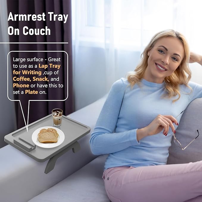 SINWANT Couch Armrest Table,Bamboo Couch Arm Table 360° Phone Holder,Foldable Sofa Arm Tray for Eating Drinking Snacks Remote on Chair Armrest
