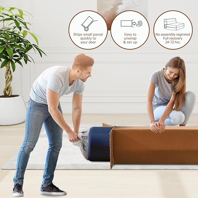 Folding Sofa Bed Couch Memory Foam with Pillow Sleeper Chair Lazy Couch Twin Size Futon Convertible Guest Beds,Washable Cover,Dark Blue