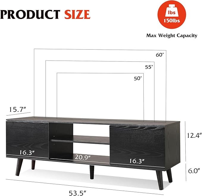WLIVE TV Stand for 55 60 inch TV, Entertainment Center with Storage Cabinets, Rustic TV Console for Living Room Decor, Black