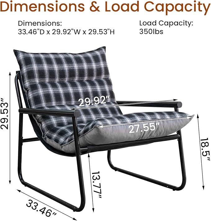 Plush Modern Accent Chair Single Comfy Chair for Bedroom — Ergonomic Lounge Chair with Stylish Upholstery, Space-Saving Design & Easy Assembly Plaid & Grey