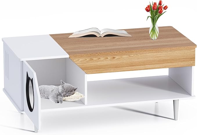GAOMON White Coffee Table 45'' Cat Living Room Tables with Storage Drawer, Wooden Rustic Coffee Table with Cat House, Multifunctional Hidden Kitty Litter Box Furniture