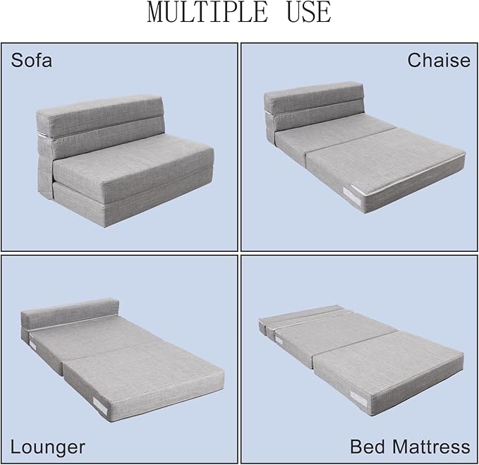 ANONER 60" Folding Sleeper Chair Sofa Bed Lazy Couch with 2 Pillows, Queen Size Memory Foam Washable Cover, Light Gray
