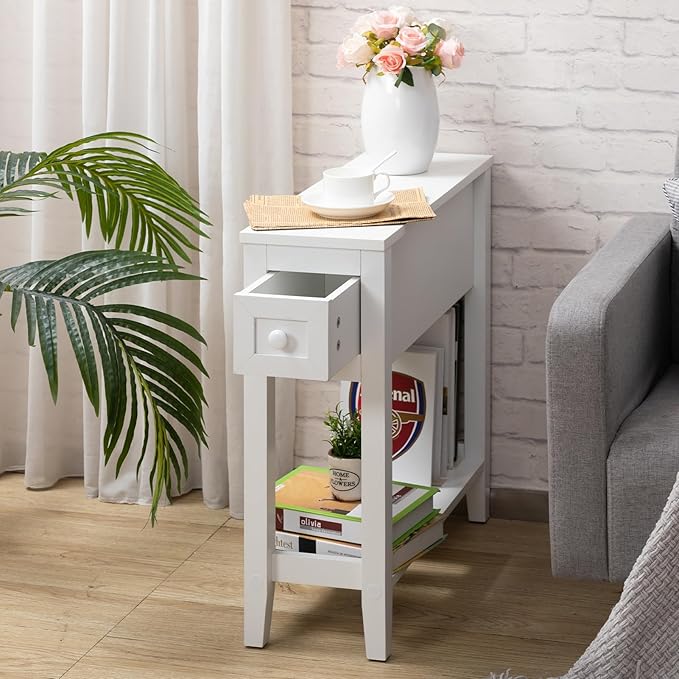 Narrow Side Table for Small Spaces, White Side Table with Drawer, Slim Bed Side Table/Night Stand Set of 2, Couch Side Table
