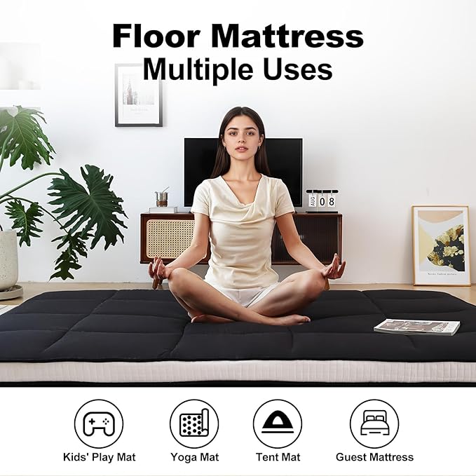 Tiita Memory Foam Mattress Topper Twin Size, 4" Thicken Futon Mattress with Storage Bag and 2 Straps, Portable Roll Up Travel Car Camping Mattress Floor Sleeping Pad, Black