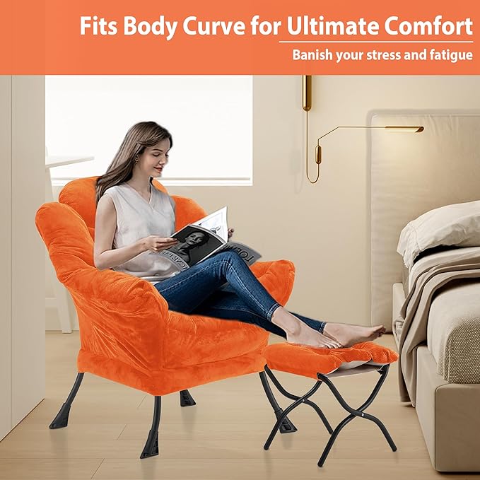 Lazy Chair with Folding Ottoman, Accent Chair Plush Upholstered with Metal Structure and Non-Slip Pads, Sofa Armchair with Footrest and Side Storage Bag for Dorm, Room, Office, Orange