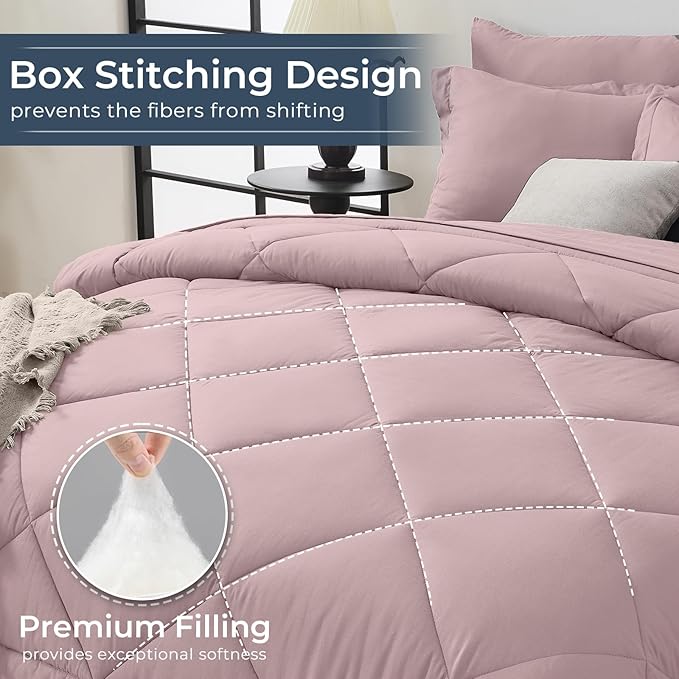 HEVUMYI Rose Gold King Comforter Set - 7-Piece All Season Bed in a Bag King, Ultra Soft Bedding Set with Comforter, Flat Sheet, Fitted Sheet, Pillowcases, Pillow Shams