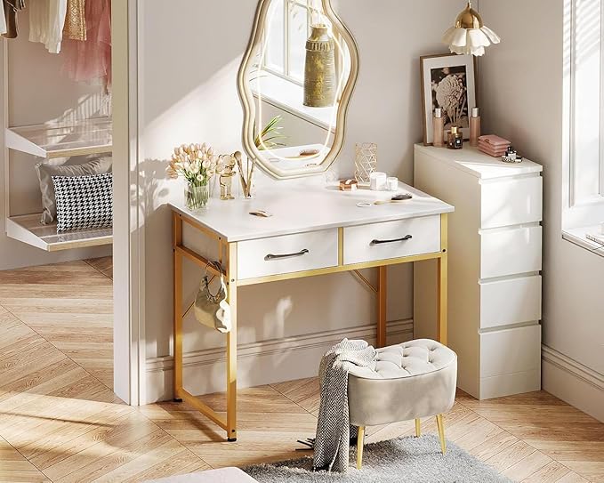Casaottima 32 Inch Small Dressing Vanity Desk with 2 Drawers & Headphone Hook, Makeup Vanity Desk for Bedroom Without Mirror,Modern Space-Saving Design for Small Spaces White-Gold