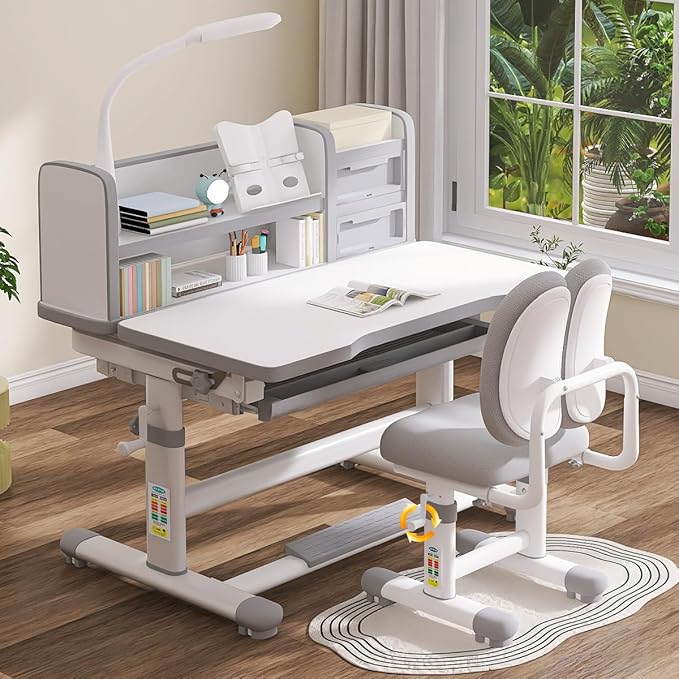 Kids Desk and Chair Set Kids Study Desk Chair Set Height Adjustable Ergonomic Children School Study Desk with Tilt Desktop, 3 Modes Light, Storage, Boy and Girl Table and Chair Set 3-18 Years