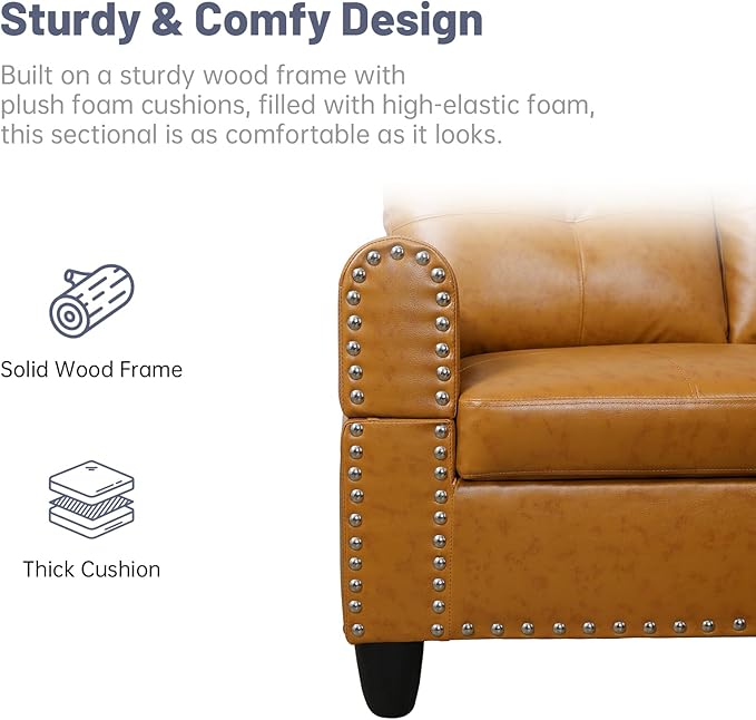 L Shaped Modular Sectional Sofa with Reversible Chaise Lounge, 5-Seater Corner Couch, PU Leather Convertible Sofá w/Movable Ottoman, Cup Holders, 2 Pillows and Rivet Ornament for Living Room