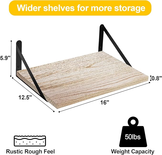 SAUMONIERES Floating Shelves Wall Bookshelf for Bedroom Bathroom Living Room Wood Wall Mounted Wide Deep Storage, Rustic Torched Wall Shelves Set of 2