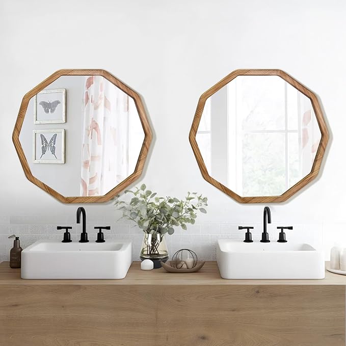 ULIKE Wood Mirror for Wall, 24 Inch Rustic Farmhouse Mirror with Wood Frame, Decorative Wall Mounted Vanity Mirrors for Bathroom Bedroom Living Room Entryway, Brown