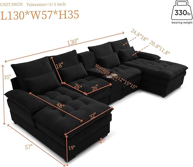 130" U-Shaped Sectional Sofa with Storage Console & Cup Holders, Upholstered 6 Seat Living Room Sleeper Couch Furniture Set w/Chaise, Cloud Cushion Couch for Home, Office, Apartment,Black