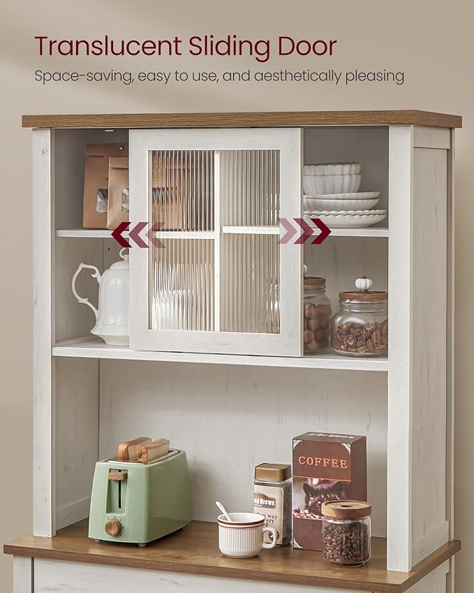 VASAGLE 71" Kitchen Pantry Cabinet with Lights and Charging Station, Coffee Bar Cabinet with Doors and Drawer, Farmhouse Style, Adjustable Shelves, Rustic White UBBK363W12