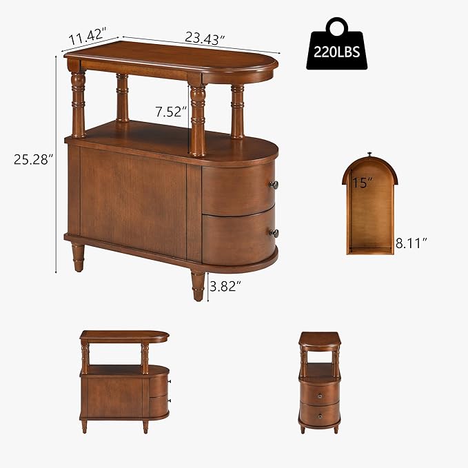 Wood End Table with 2 Drawers and Storage Shelf, Narrow Sofa Side Table for Living Room, Vintage Slim Nightstand Bedside Table for Bedroom, Slim Chair Side Table Cherry Brown BG-A508-MG