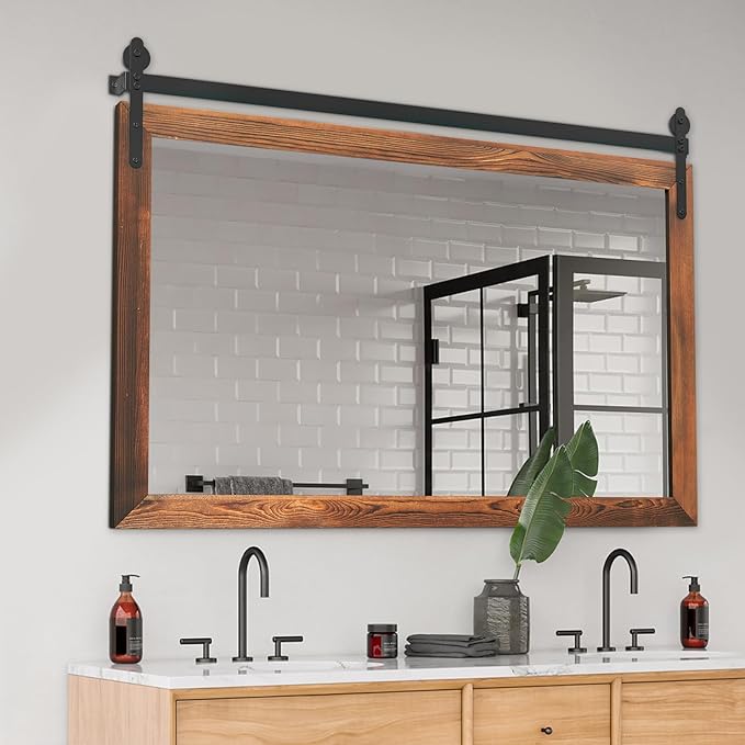 YOSHOOT Farmhouse Barn Door Mirror, 48"x30" Rustic Wood Framed Wall Mirror, Wall Mounted Vintage Mirror, Wooden Farmhouse Style for Bathroom Living Room Entryway, Brown, Horizontal Hanging ONLY