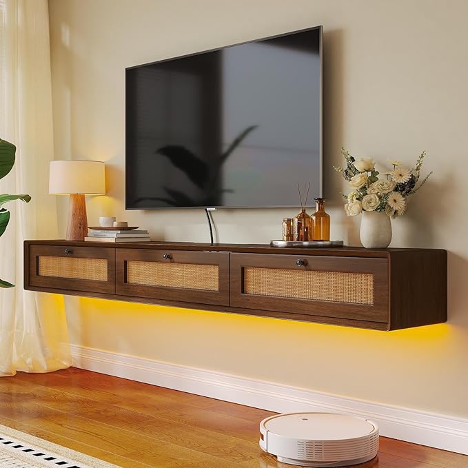 Fully-Assembled Floating TV Stand with 3 Rattan Doors, Rustic Floating Entertainment Center Under TV Shelf, Modern Large Storage Wall Mounted Media Console for Living Room Bedroom 47IN
