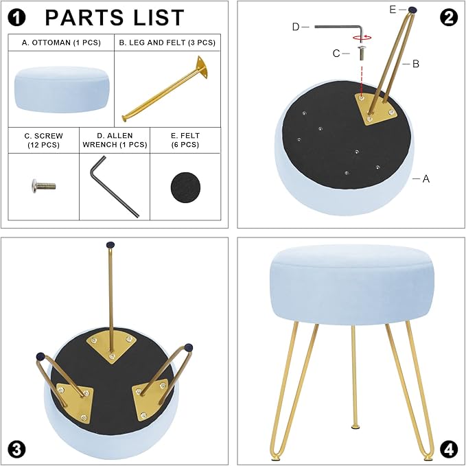 GERANT Multifunctional Vanity Stool - Velvet Footrest Stool-Upholstered Chair Stool -Ottoman Round Modern Dressing Chair - Side Coffee Table Seat with Golden Metal Leg for Living Room (Light Blue)
