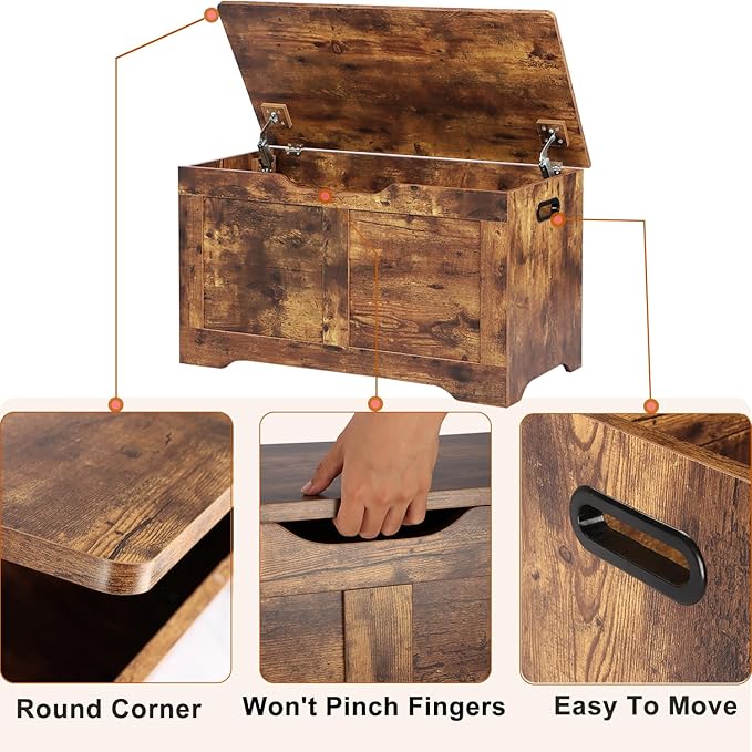 31.5" Storage Chest, Wooden Storage Bench, Lift Top Toy Chest with 2 Safety Hinges, Large Toy Box, Entryway Shoes Bench for Living Room, Bedroom, Rustic Brown