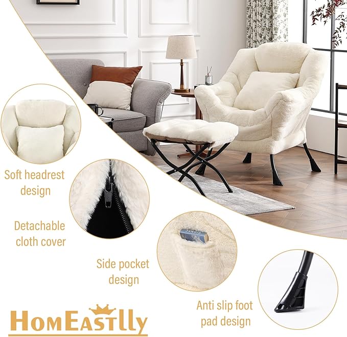 Large Lazy Chair with Ottoman, Accent Reading Chair with a Throw Pillow, Cozy Lounge Chair with Armrest, Leisure Sofa Chair for Living Room, Bedroom, Dorm, Plush Ivory