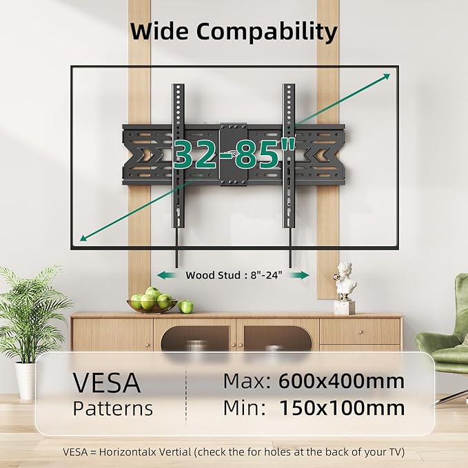 TV Wall Mount with Tilt for 32-85 Inch TVs, Low Profile Design, Holds up to 132 lbs, Space-Saving Design for 16/18/24 Inch Wood Studs, Max VESA 600x400mm (Fit 32-85" TVs 1.2" from The Wall)