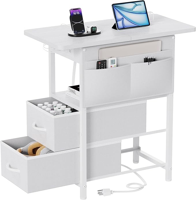 Small Side Table with Charging Station, Narrow Nightstand Bedside Tables with Storage Pocket for Living Room Bedroom, Sofa End Table with USB Ports and Power Outlets for Small Spaces