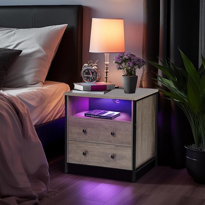 27 Inch Wide Night Stand, Lrage Wood Night Stand Set 2 with 2 Drawers, LED Nightstand with Charging Station and Adjustable Drawer, Bedside Table for Living Room/Bedroom/Study/Office, Gray.