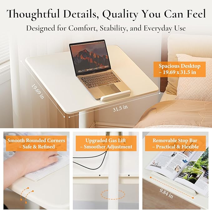 Adjustable Computer Desk, Solid Wood Folding Desk with Wheels, Mobile Home Office Laptop Table, Sit Stand Workstation, Rolling Desk, 28.35-42.52 H x 31.5 W x 19.69 D Inches,White