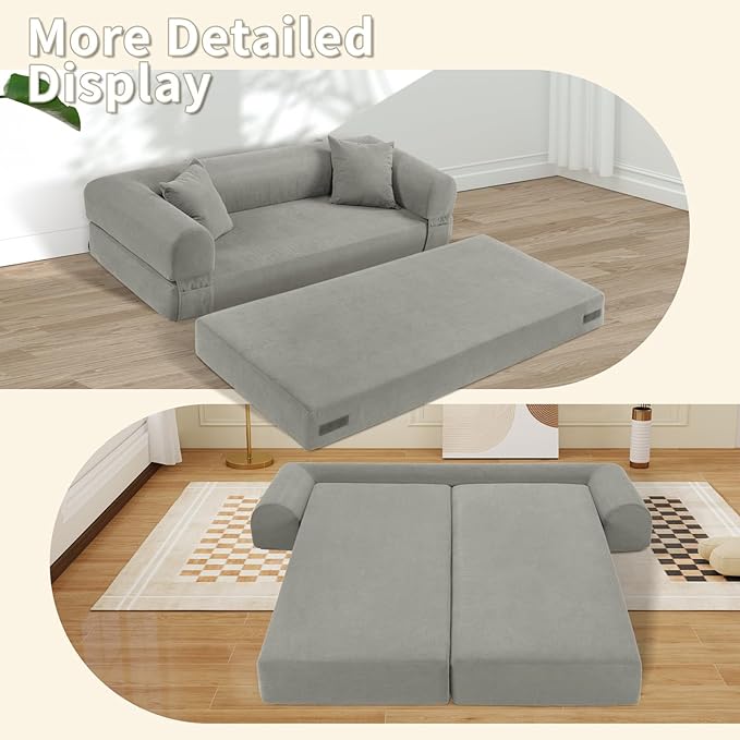 80" Convertible Sofa Bed, Corduroy Deep Seat Folding Pull Out Couch with Pillows, No Assembly Modern Boneless Couch Compression Sofa in Box, Floor Sofa with Storage Pocket for Living Room,Light grey