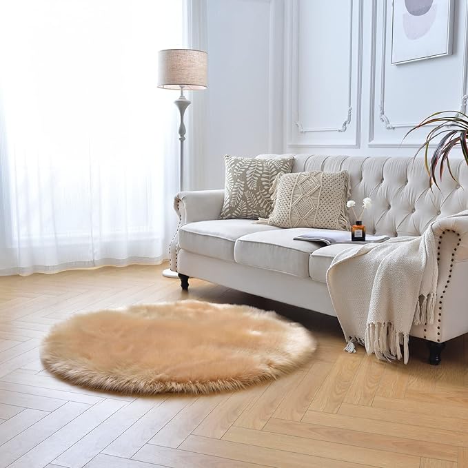 duduta Beige Faux Sheepskin Round Rug 4x4 ft, Fluffy Shag Fur Bedroom Nursery Kids Playroom Rug Dorm Decor Non Slip Washable